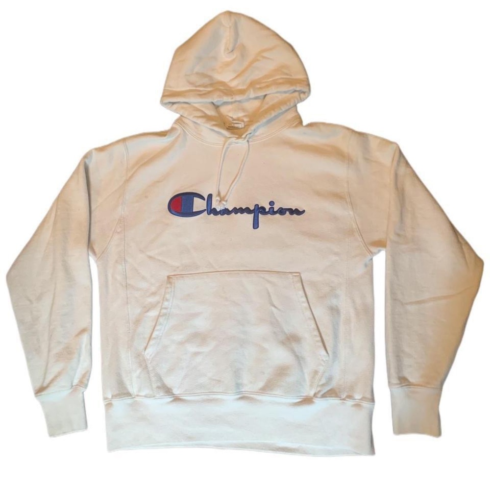 Champion Reverse Weave Men's White Hoodie Script Embroidered Logo Size M